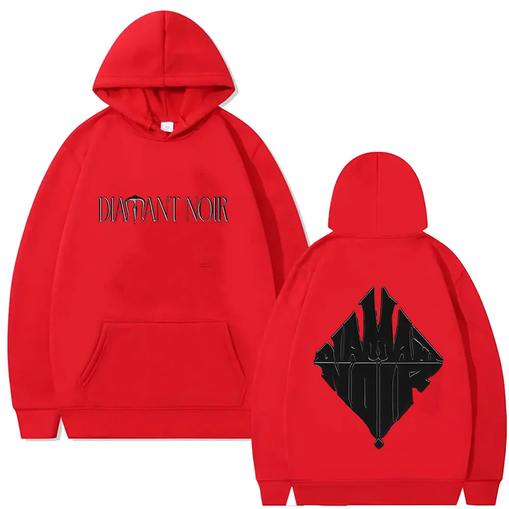 Red hooded sweatshirt with diamant noir graphic black lettering on chest and diamond logo on back for hip hop fashion