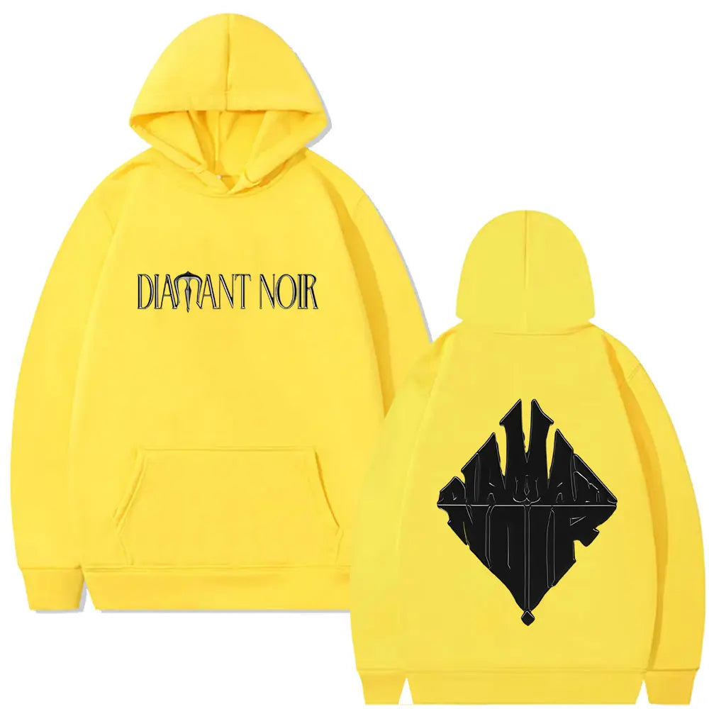 Bright yellow rapper werenoi diamant noir graphic hoodie with black branding for hip hop fashion and streetwear style