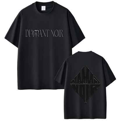Black short-sleeved cotton t-shirt with diamant noir silver foil lettering on front for hip hop fashion wear