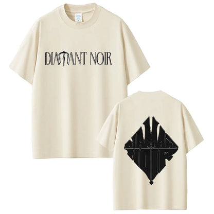 Cream-colored cotton rapper werenoi diamant noir graphic t-shirt with black lettering front and diamond logo back