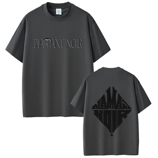 Dark gray oversized rapper werenoi diamant noir graphic t-shirt for men and women hip hop fashion casual wear back view
