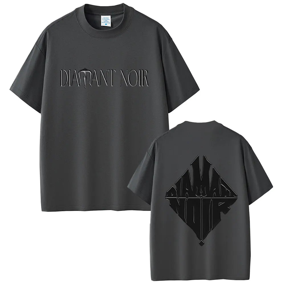 Dark gray oversized t-shirt featuring werenoi diamant noir printed on chest and back for hip hop fashion and female casual vintage wear