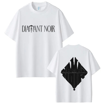 White cotton rapper werenoi diamant noir t-shirt with black text front and bold diamond logo on back for hip hop fashion