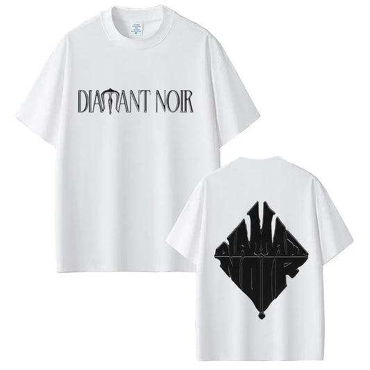 White cotton rapper werenoi diamant noir t-shirt with black text front and bold diamond logo on back for hip hop fashion