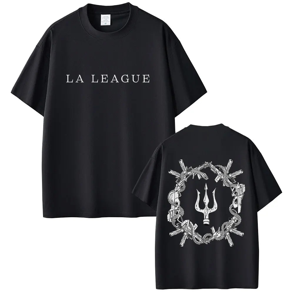 Black short-sleeved rapper werenoi t-shirt with la league print and crossed guns trident graphic on back for women hip hop fashion