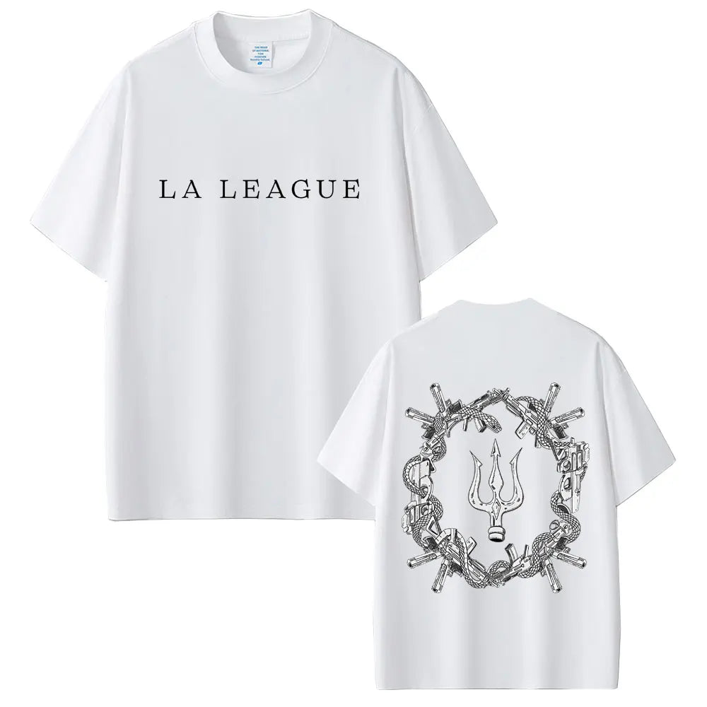 White cotton t-shirt with la league text front and crossed guns trident graphic back for women hip hop fashion