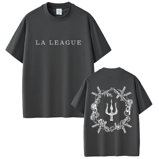 Dark gray oversized t-shirt featuring la league text and detailed crossed guns graphic on back for women hip hop fashion