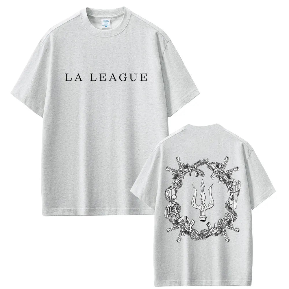 Light gray cotton t-shirt with la league text front and crossed guns trident graphic back for women hip hop fashion