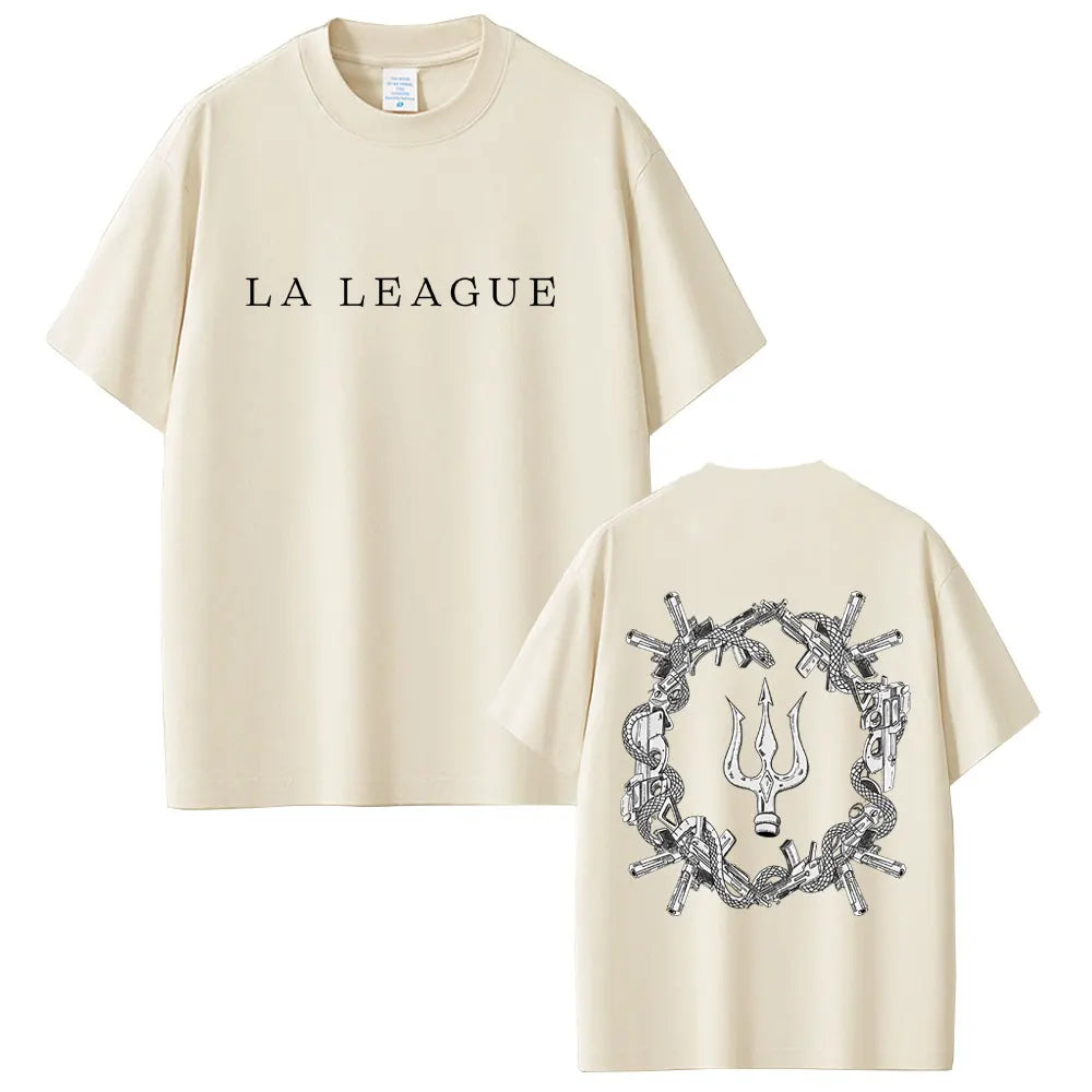 Cream-colored short sleeve t-shirt with la league text front and black crossed guns trident graphic back for hip hop fashion women