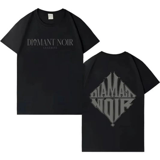 Black short-sleeved cotton t-shirt with silver diamant noir logo front and back for hip hop casual wear