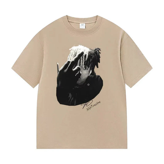 Beige cotton short sleeve t shirt with black and white xxxTentacion graphic and signature for casual streetwear