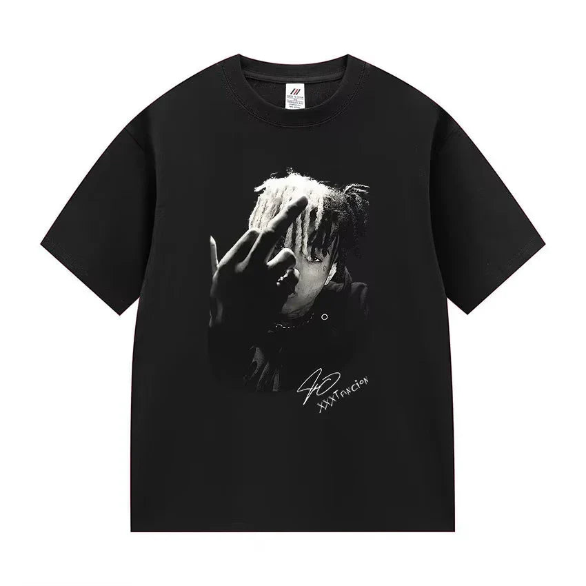 Black cotton t-shirt with black and white xxxtentacion graphic signature and number 90 for casual streetwear