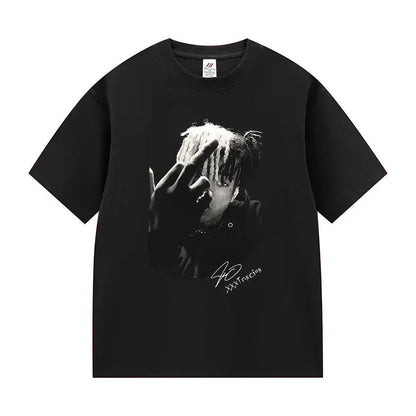Black cotton t-shirt with black and white xxxtentacion graphic signature and number 90 for casual streetwear