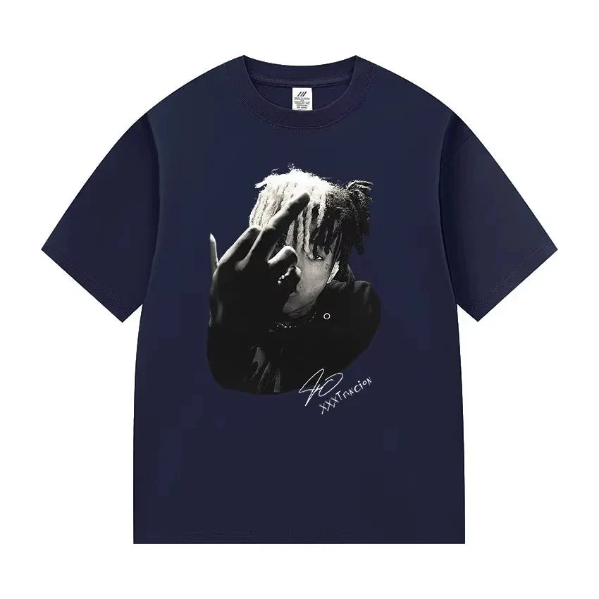 Dark navy blue cotton short-sleeved t-shirt featuring black and white xxxTentacion graphic and signature for casual streetwear