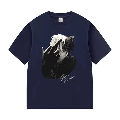 Dark navy blue cotton short-sleeved t-shirt featuring black and white xxxTentacion graphic and signature for casual streetwear