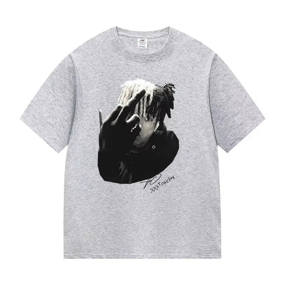 Gray heathered cotton t-shirt featuring black and white rapper xxxtentacion graphic with signature for casual streetwear