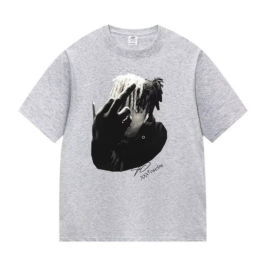 Gray heathered cotton t-shirt featuring black and white rapper xxxtentacion graphic with signature for casual streetwear