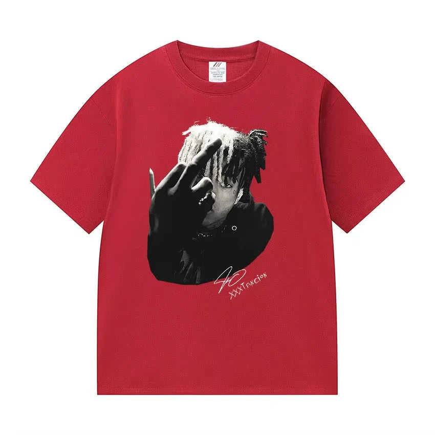 Red cotton short sleeve t-shirt featuring black and white xxxtentacion graphic with signature and text below