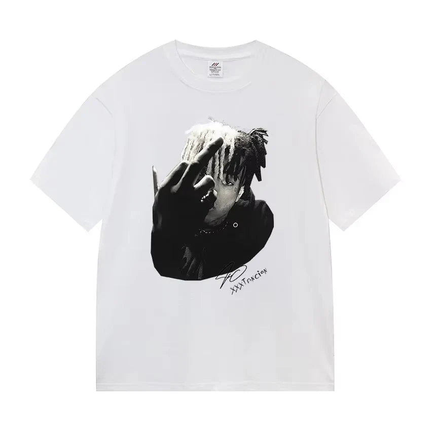 White cotton t-shirt featuring black and white xxxtentacion graphic with signature and text for casual hip hop streetwear