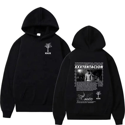 Black oversized hoodie with white tree and xxx logo on front and detailed black-and-white xxxtentacion graphic on back