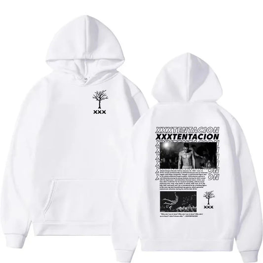 White oversized hoodie with black tree and xxx logo front and detailed xxxtentacion graphic and text on back