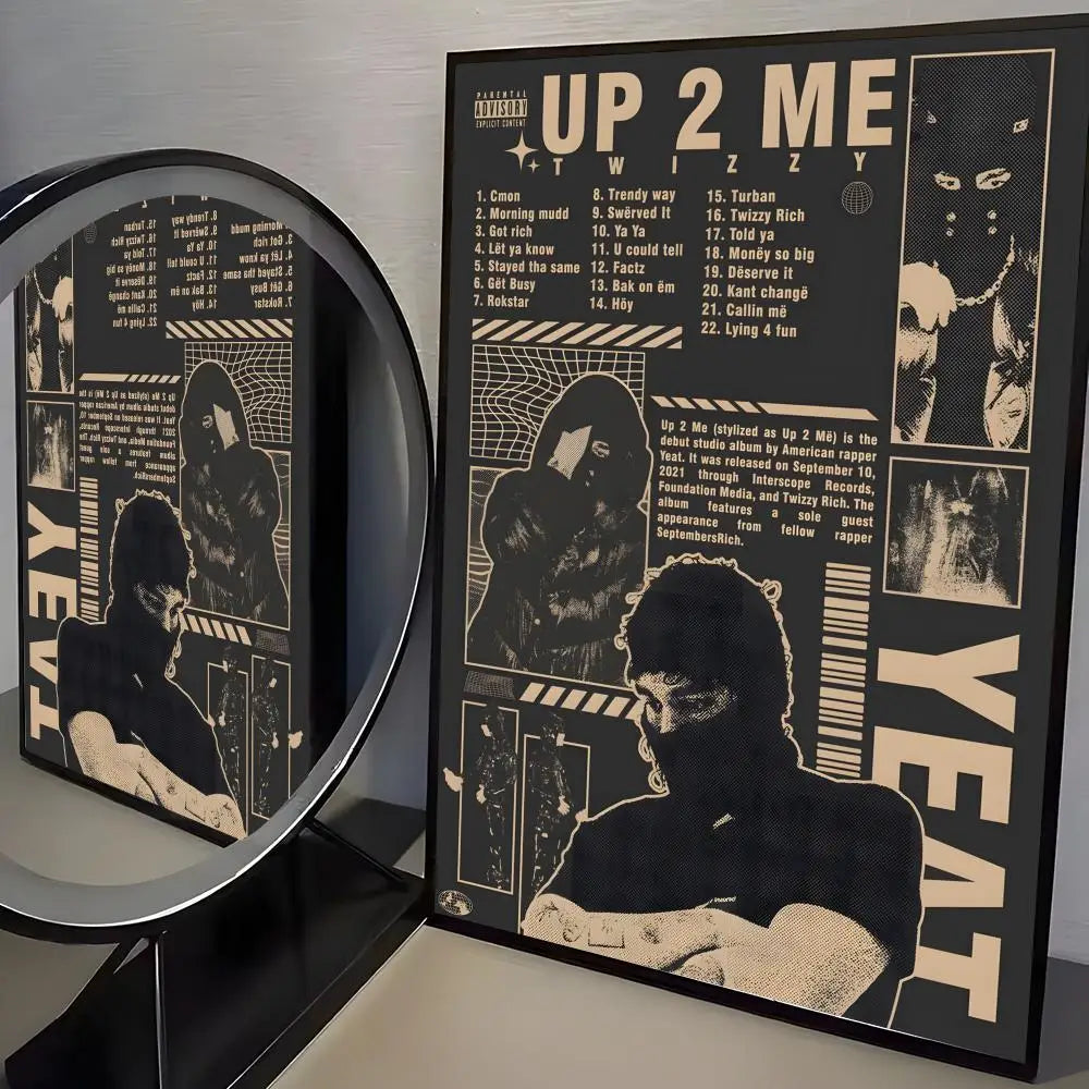 Black-framed album cover poster of twizty up 2 me with bold beige text and black-and-white illustrations for trendy aesthetic wall bar decoration