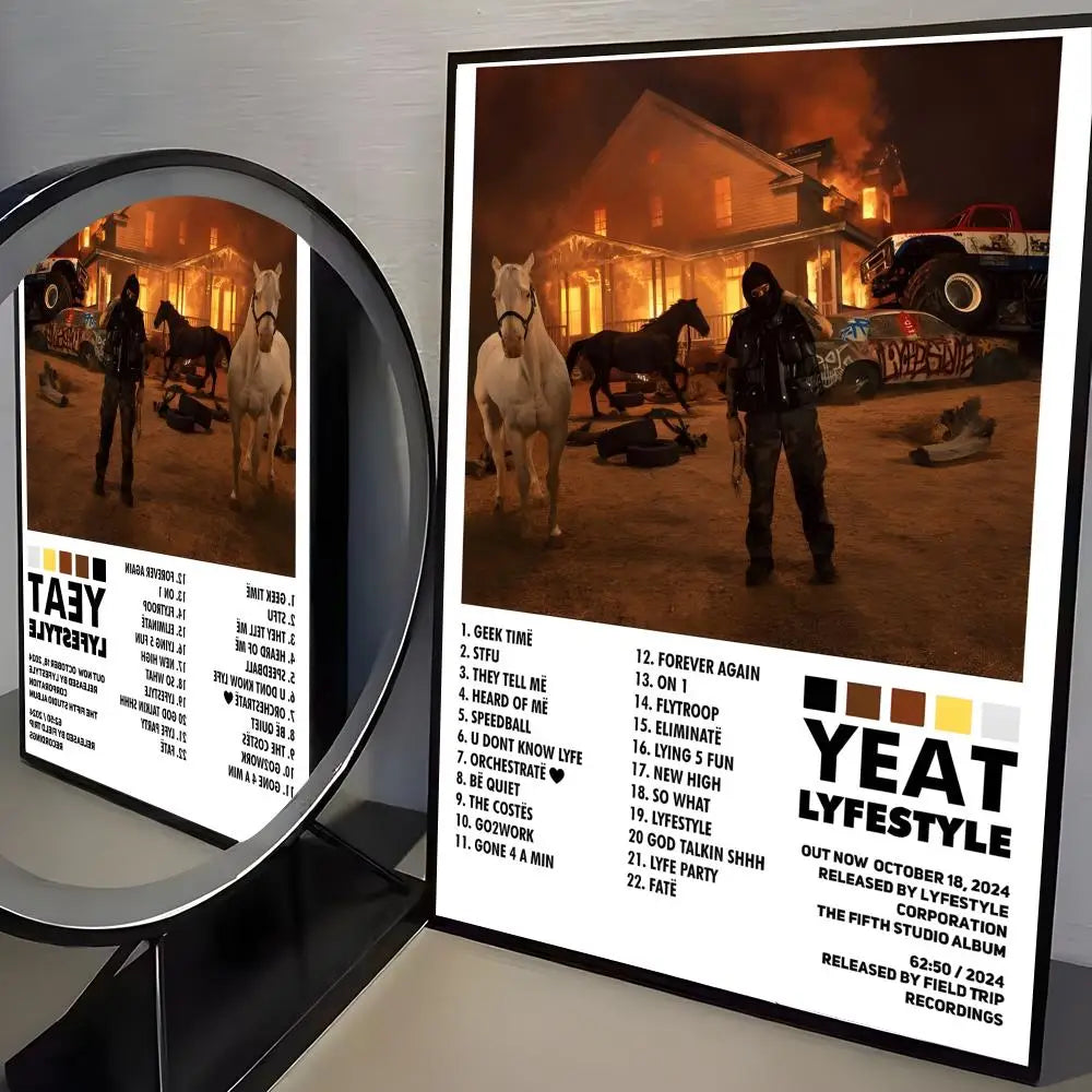 Black-framed album cover poster with fiery post-apocalyptic scene printed on pp paper for trendy aesthetic wall bar decoration