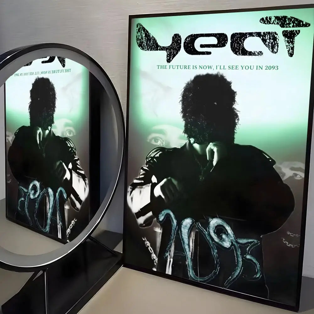 A framed rapper y-yeat album cover poster with a black silhouette on green pp paper for trendy aesthetic wall or room bar decoration