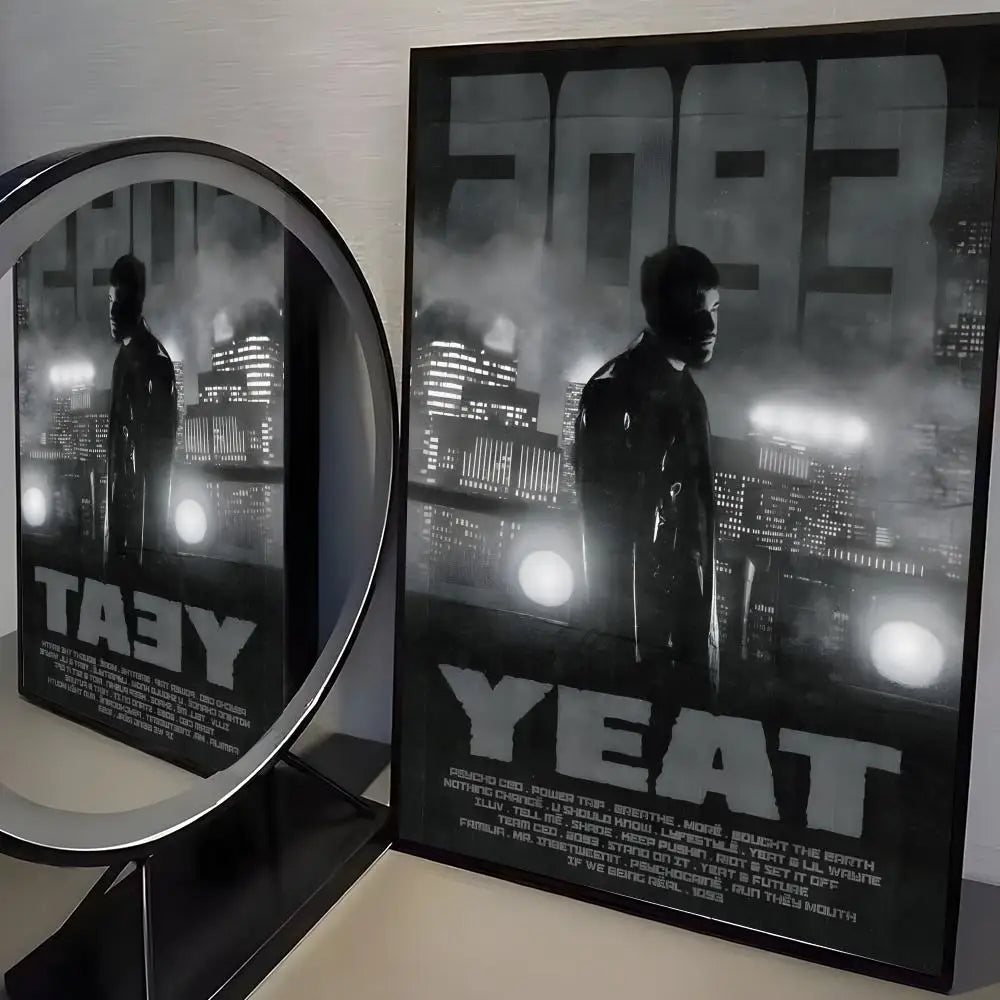 Black framed album cover poster of rapper yeat with cityscape and lyrics printed on pp paper for trendy aesthetic wall bar decoration