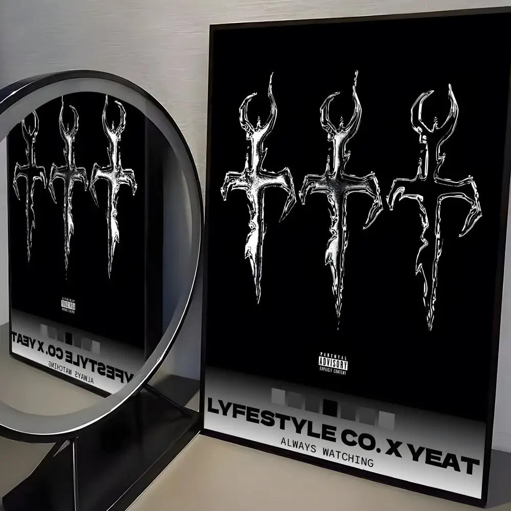 Black album cover poster with three silver crosses printed on pp paper for trendy aesthetic wall and room bar decoration