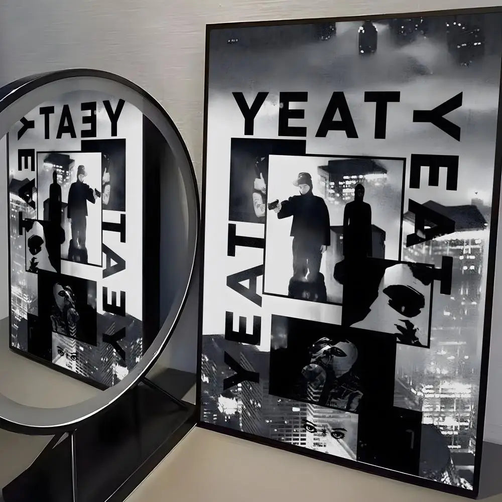 Black-framed yeat album cover poster with bold white typography and monochrome cityscape on pp paper for trendy aesthetic wall or room bar decoration