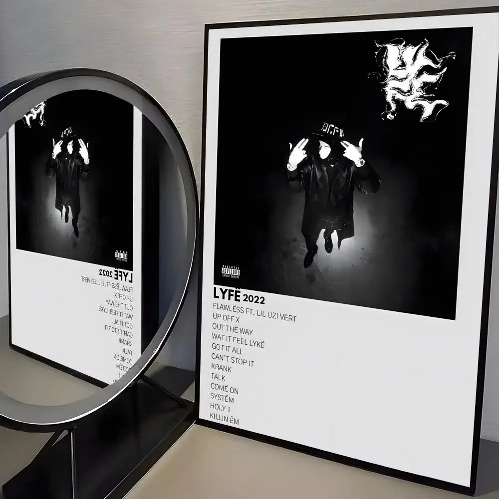 Black and white framed album cover poster of lyfe 2022 with leather jacket figure for trendy aesthetic wall room bar decoration