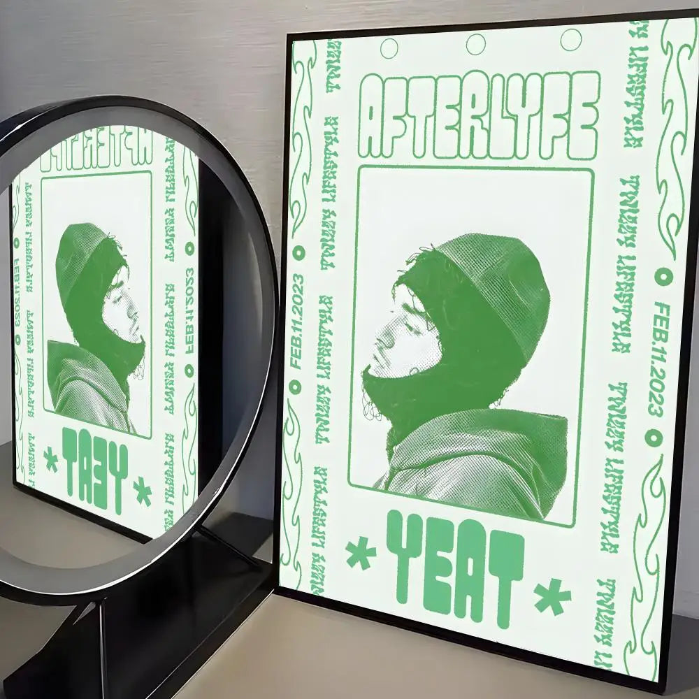 Green and white framed album cover poster of rapper yeat with bold typography printed on pp paper for trendy aesthetic wall bar decoration