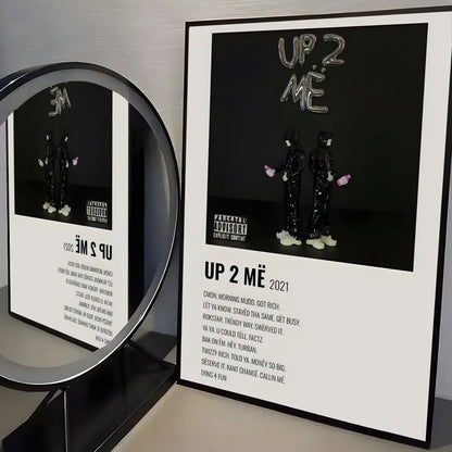 Black-framed album cover poster featuring two figures in shiny black suits with silver foil lettering for trendy aesthetic wall bar decoration