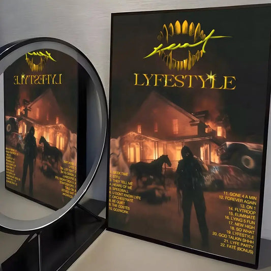 Black-framed album cover poster of sza lyfestyle with fiery house scene printed on pp paper for trendy aesthetic wall bar decoration