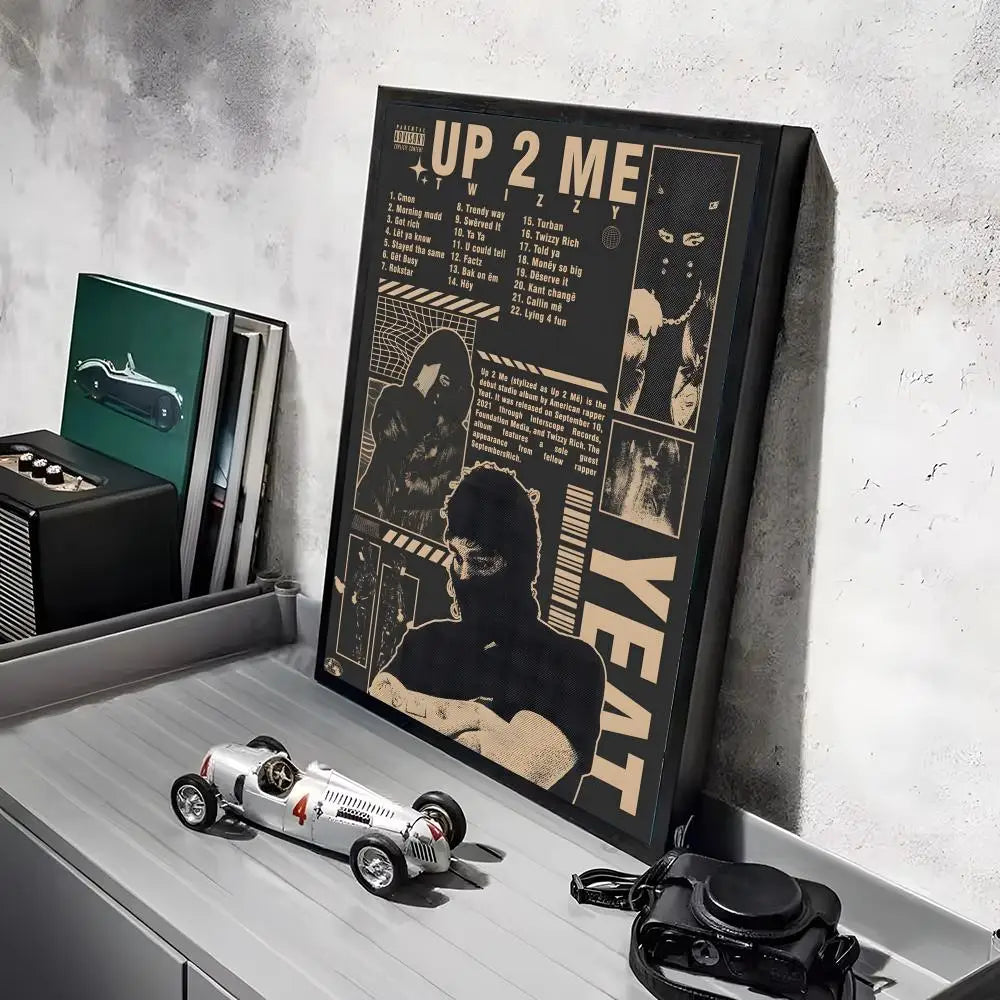 Black-framed album cover poster of artist yeat with sepia portrait and yellow text on pp paper for trendy wall bar decoration