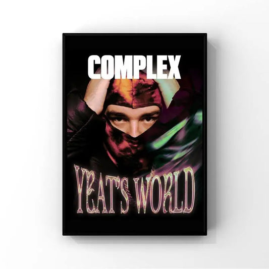 Black-framed rapper yyeat poster featuring vibrant colorful portrait with complex text for prints fashion wall decor