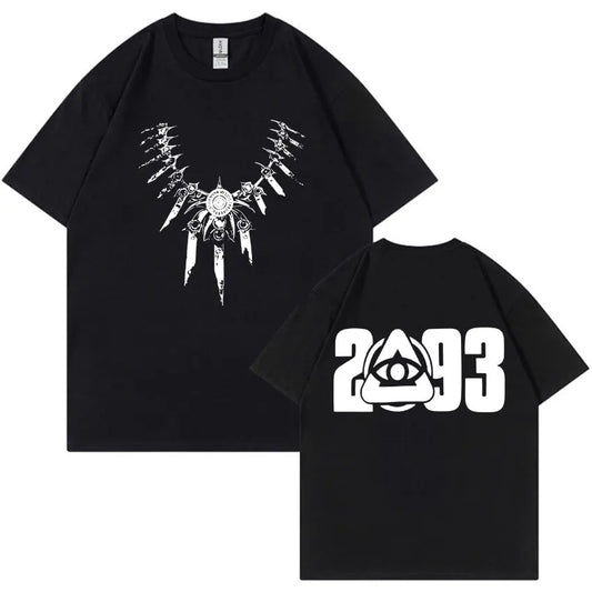 Black cotton gothic tshirt mens with white ornate necklace graphic front and 2093 eye symbol on back summer oversized y2k style