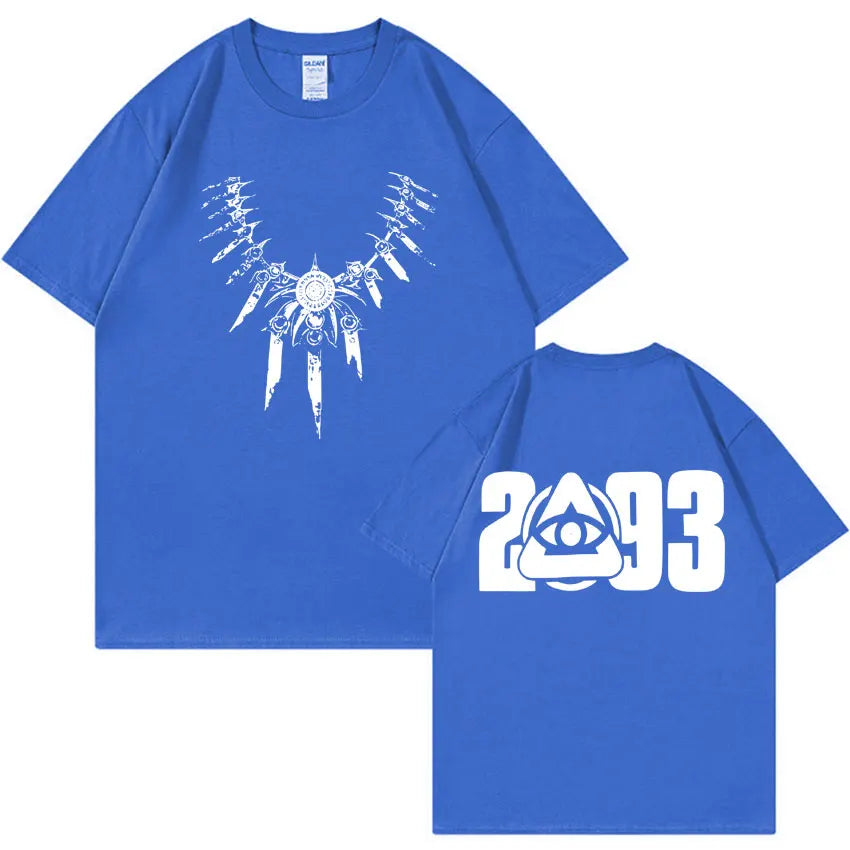 Blue quality casual cotton gothic tshirt mens with triforce graphic front and 2093 eye symbol back summer oversized y2k style