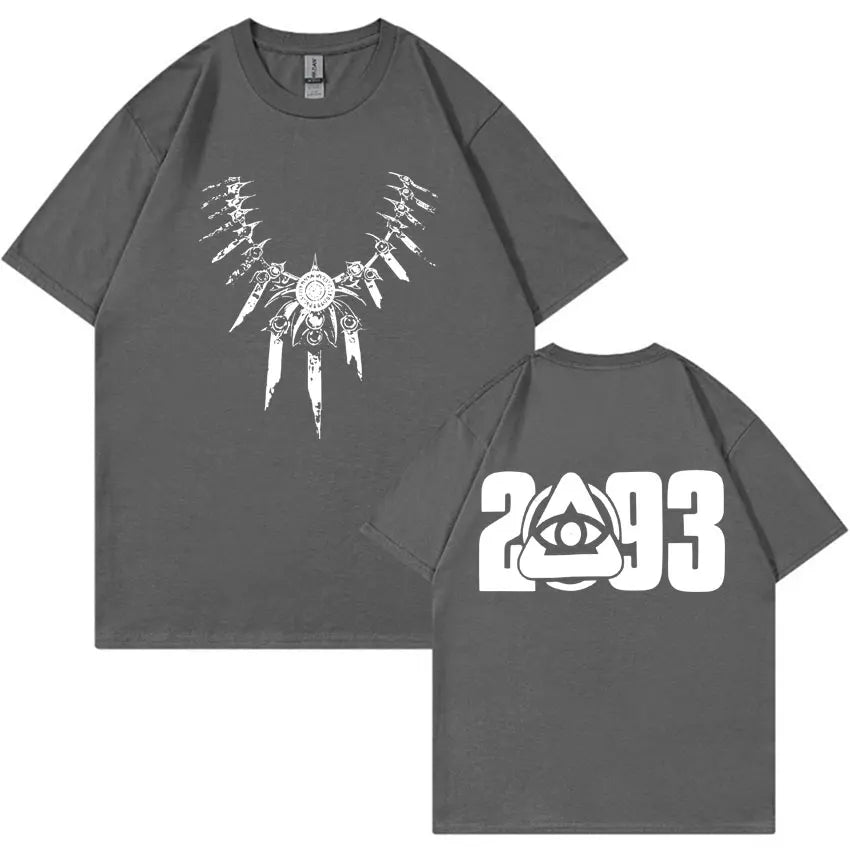 Dark gray gothic tshirt mens fashion with white graphic and 2093 eye symbol on back made of quality casual cotton