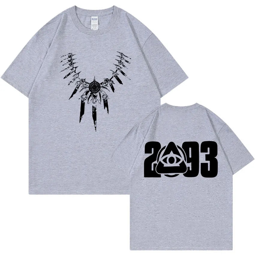 Gray heathered cotton rapper yeat 2093 gothic tshirt mens with ornate necklace front and eye symbol back summer oversized y2k