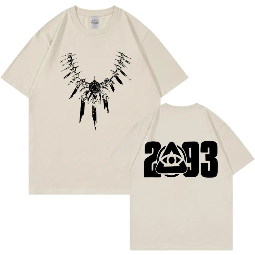 Cream-colored gothic tshirt mens featuring quality casual cotton and black ornate necklace graphic summer oversized y2k style