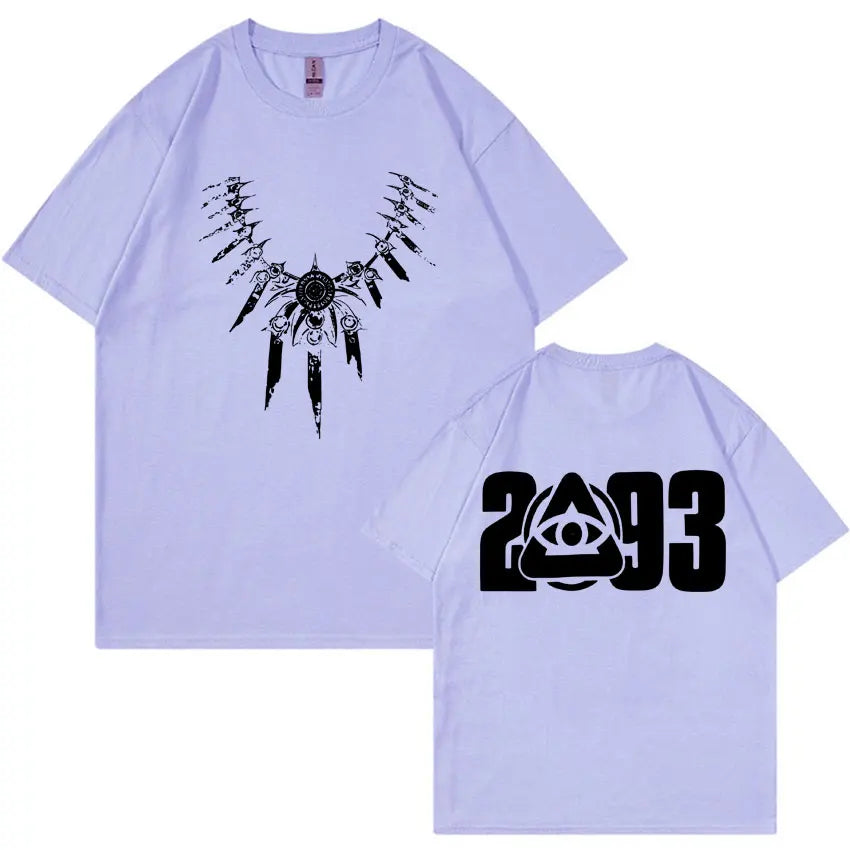 Light purple gothic tshirt mens with ornate necklace graphic front and 2093 eye symbol on back in quality casual cotton summer oversized y2k style