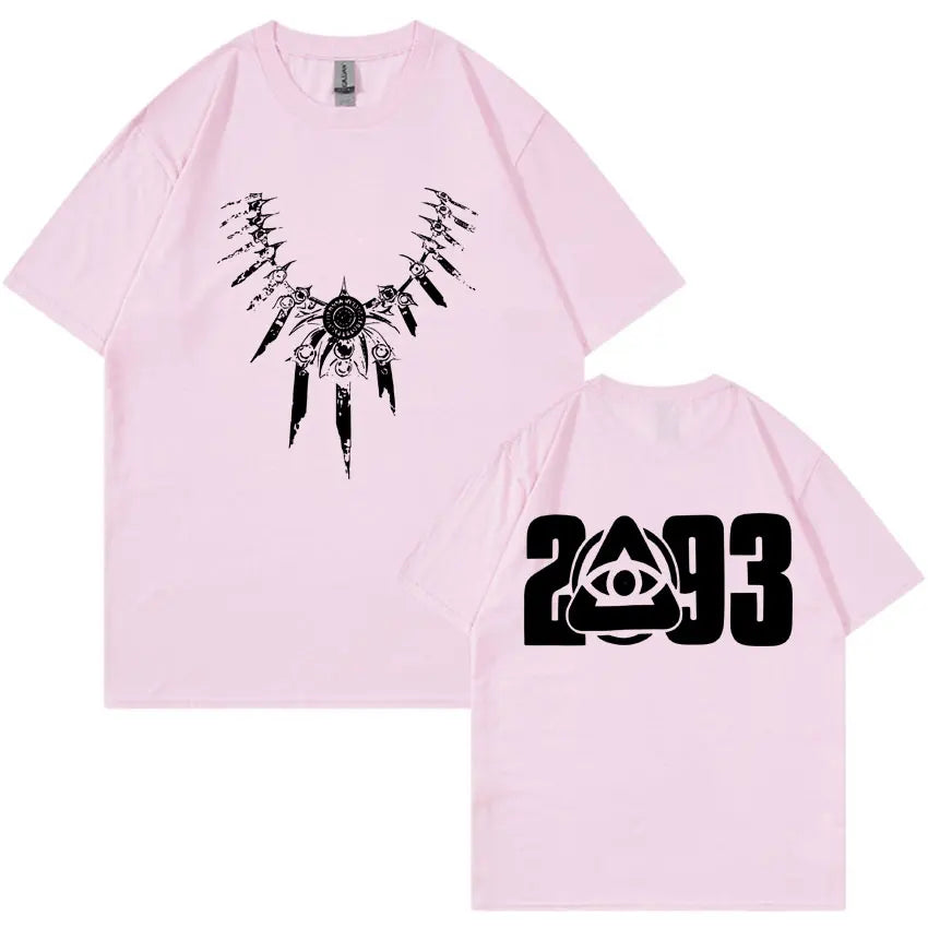 Light pink gothic tshirt mens with black graphic and 2093 eye symbol on back made of quality casual cotton summer oversized y2k style