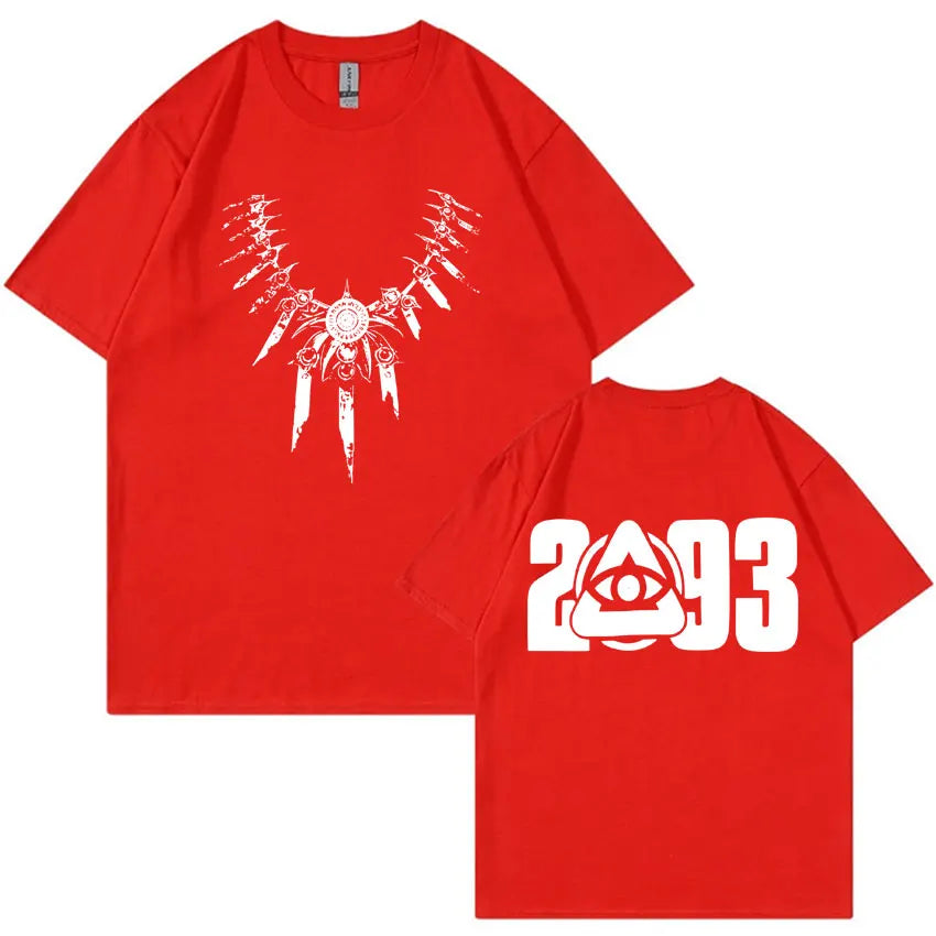 Red quality casual cotton gothic tshirt mens with white necklace graphic front and 2093 eye symbol back summer oversized y2k style
