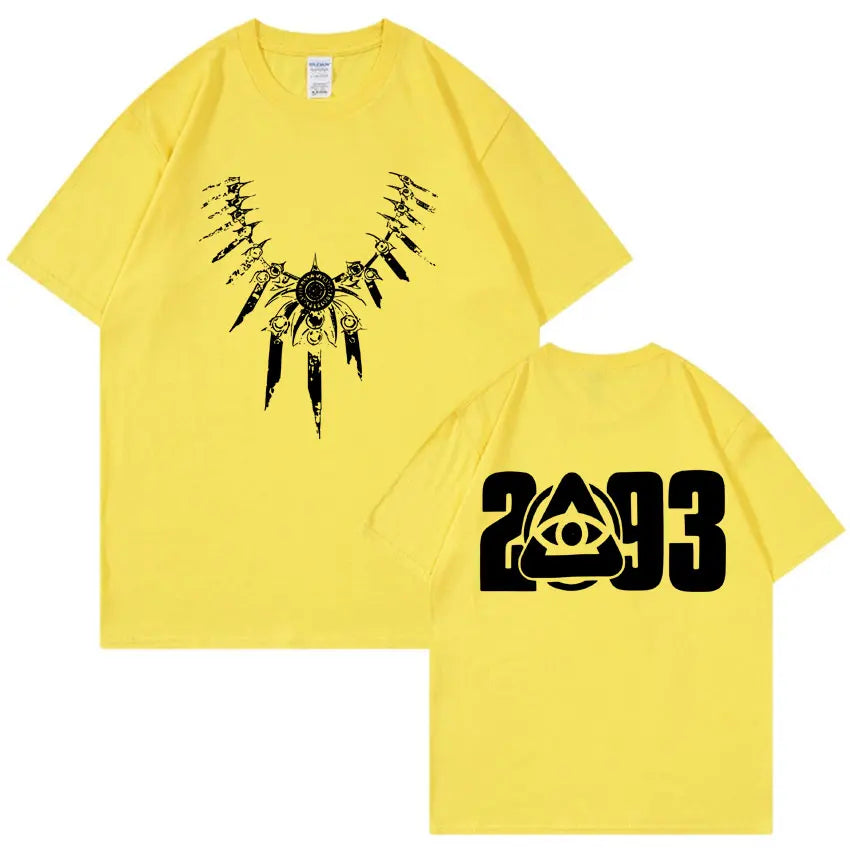 Bright yellow gothic tshirt mens fashion with black ornate necklace graphic front and 2093 summer oversized y2k design back quality casual cotton