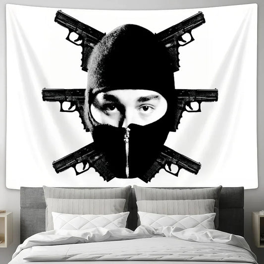 Black-and-white rappler yeat dangerous lyfe flag tapestry featuring a masked figure with four crossed handguns for decor party backdrops