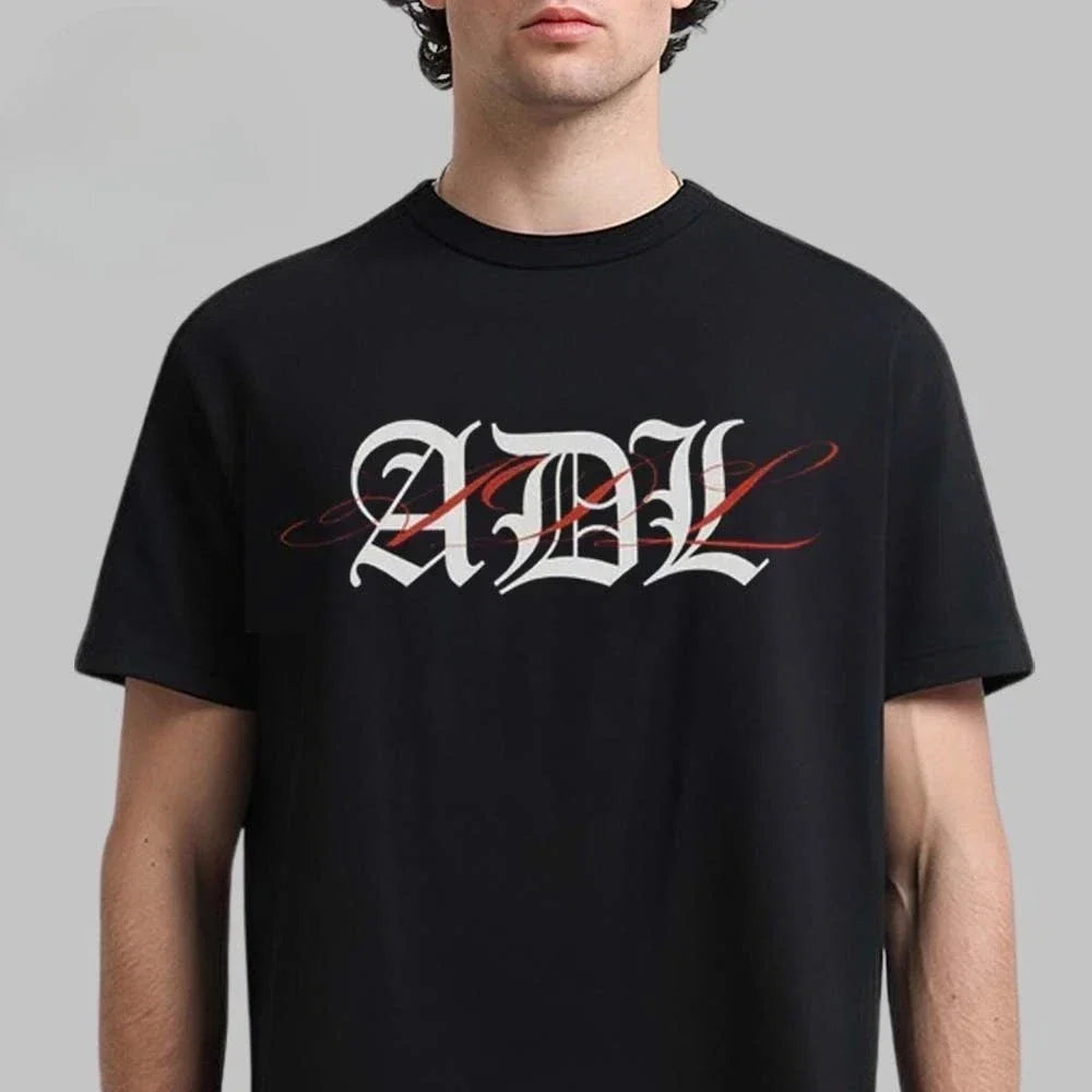 Black cotton unisex t-shirt with bold white and red rapper yeat adl album logo in gothic font hip hop y2k style