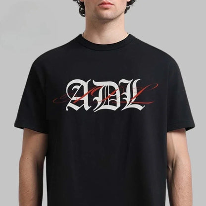 Black cotton unisex t-shirt with bold white and red rapper yeat adl album logo in gothic font hip hop y2k style