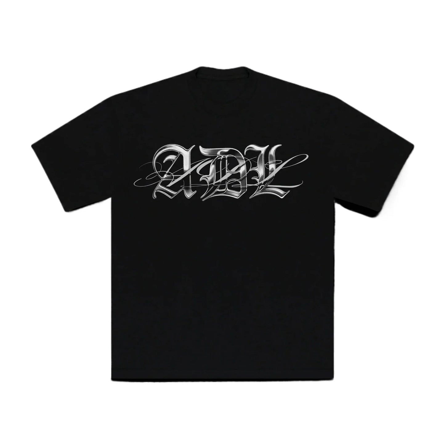 Black short-sleeved 100% cotton unisex t-shirt with silver ornate adl album logo for rapper yeat adl hip hop y2k style fans